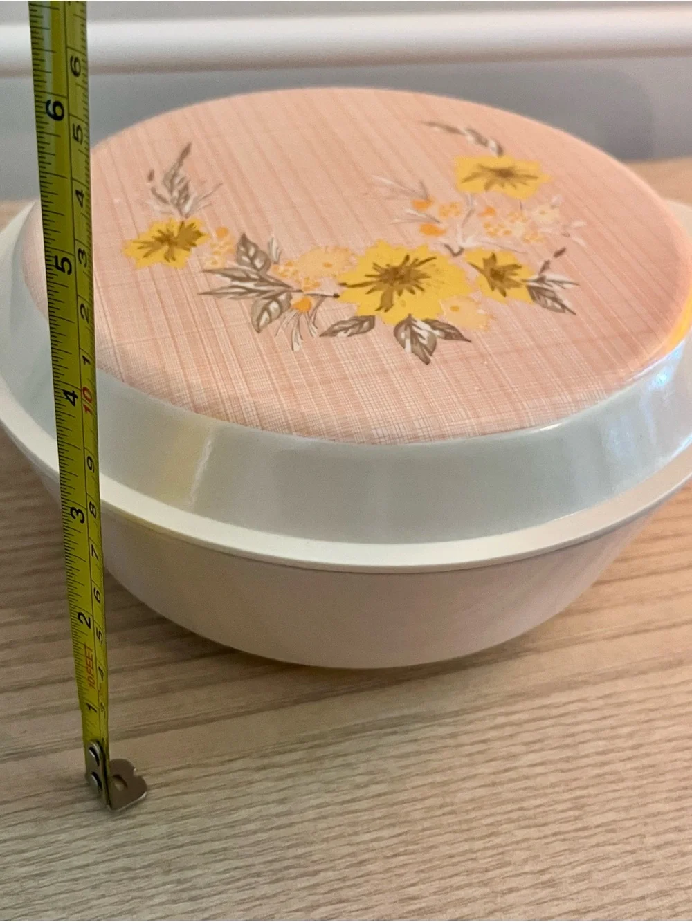 Vintage Bimbo Melamine Covered Casserole Dish Yellow Floral Plaid Lid ~8.5in